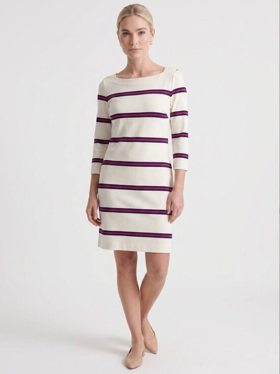 Banana Republic Dresses & Skirts - Banana Republic Lux Knit Boatneck Dress, Cream Red & Navy, 3/4 Sleeve, Side Zip